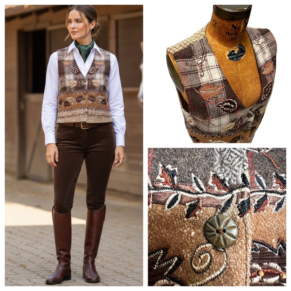 VTG 90s Embroidered Leaf Vest M Brown Plaid Wool Grandmacore Dark Academia‎